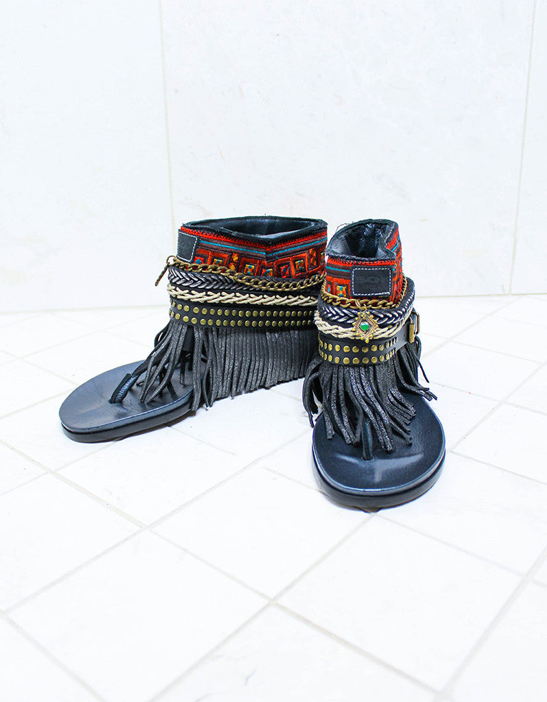 Custom Made Boho Sandals in Black | SIZE 38 - SWANK - Shoes - 2