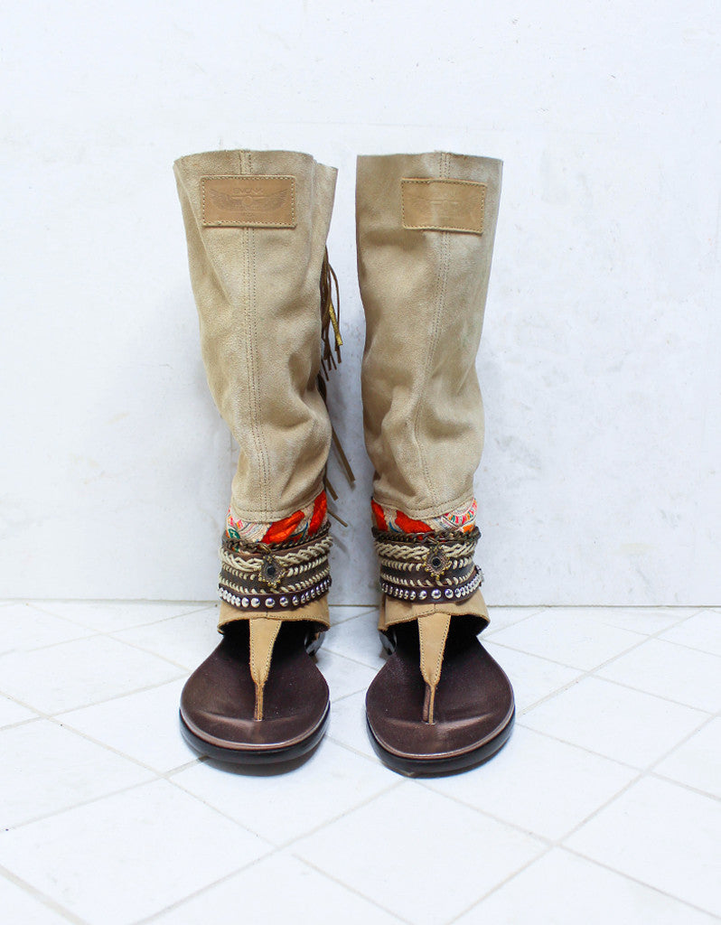 Custom Made Boho High Boot Sandals in Beige | SIZE 39 - SWANK - Shoes - 3