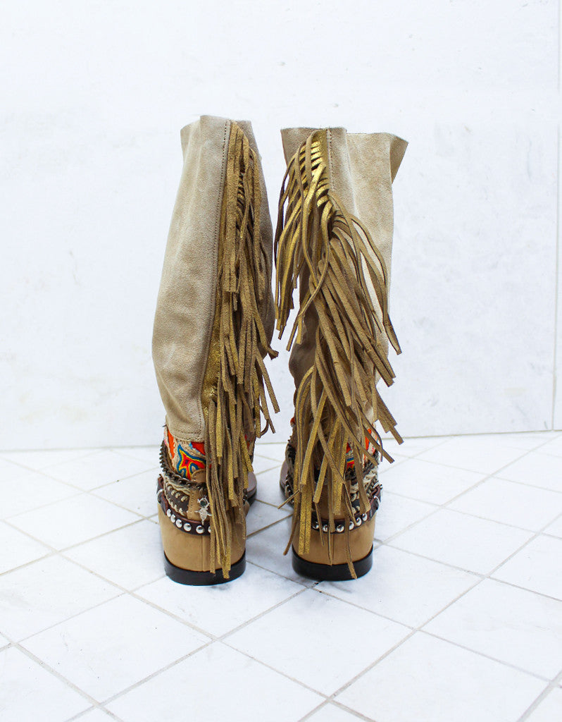 Custom Made Boho High Boot Sandals in Beige | SIZE 39 - SWANK - Shoes - 8