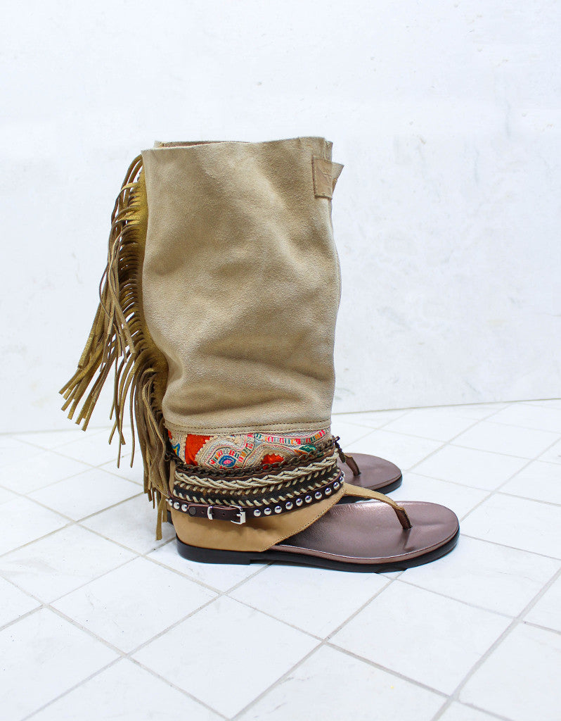 Custom Made Boho High Boot Sandals in Beige | SIZE 39 - SWANK - Shoes - 1