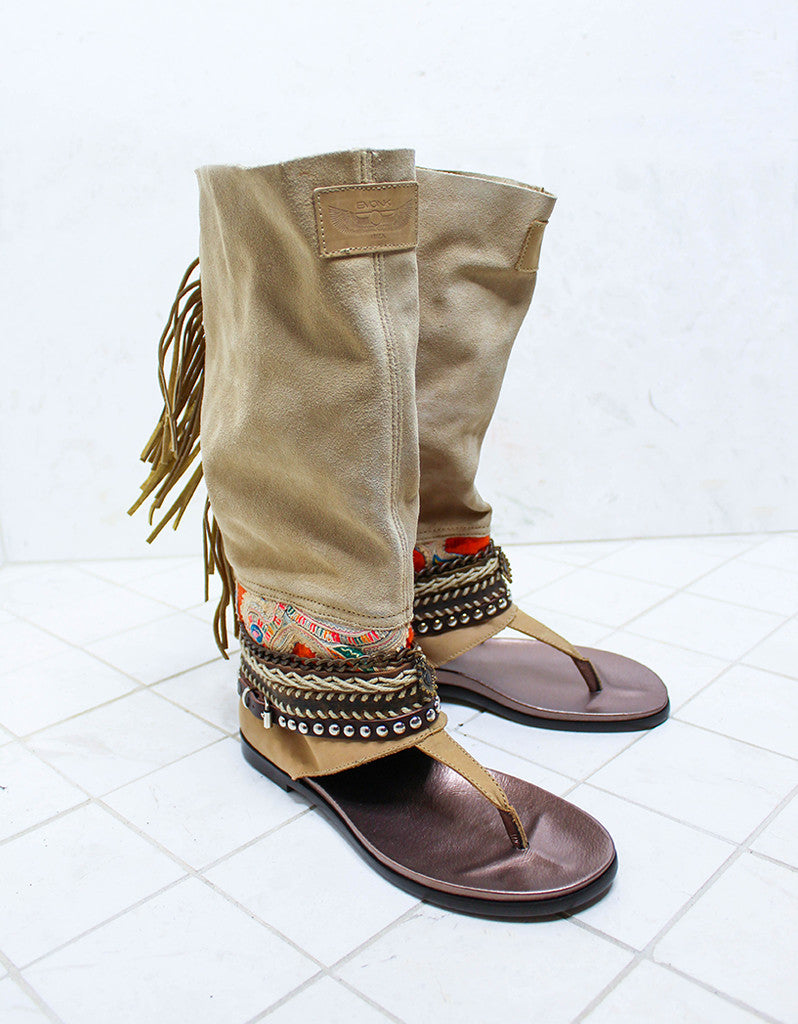 Custom Made Boho High Boot Sandals in Beige | SIZE 39 - SWANK - Shoes - 2