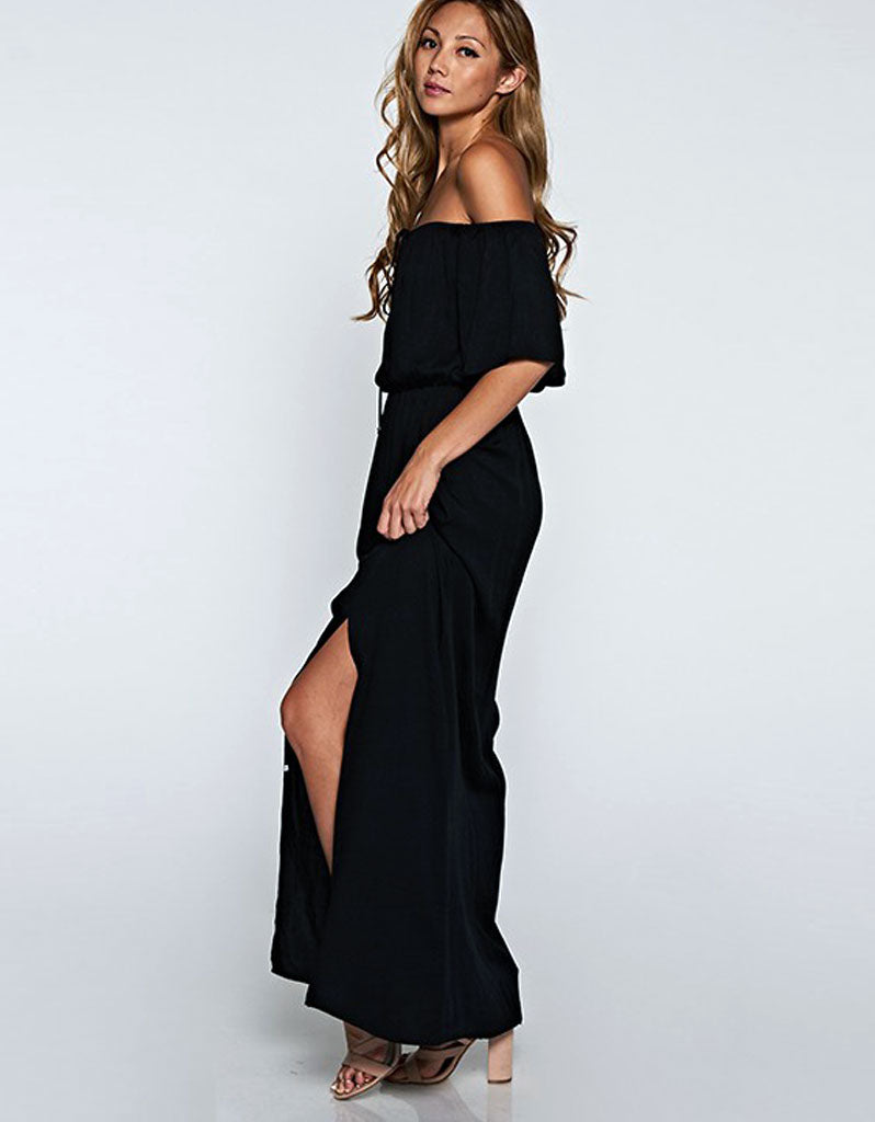 Challis Off the Shoulder Maxi Dress in Black