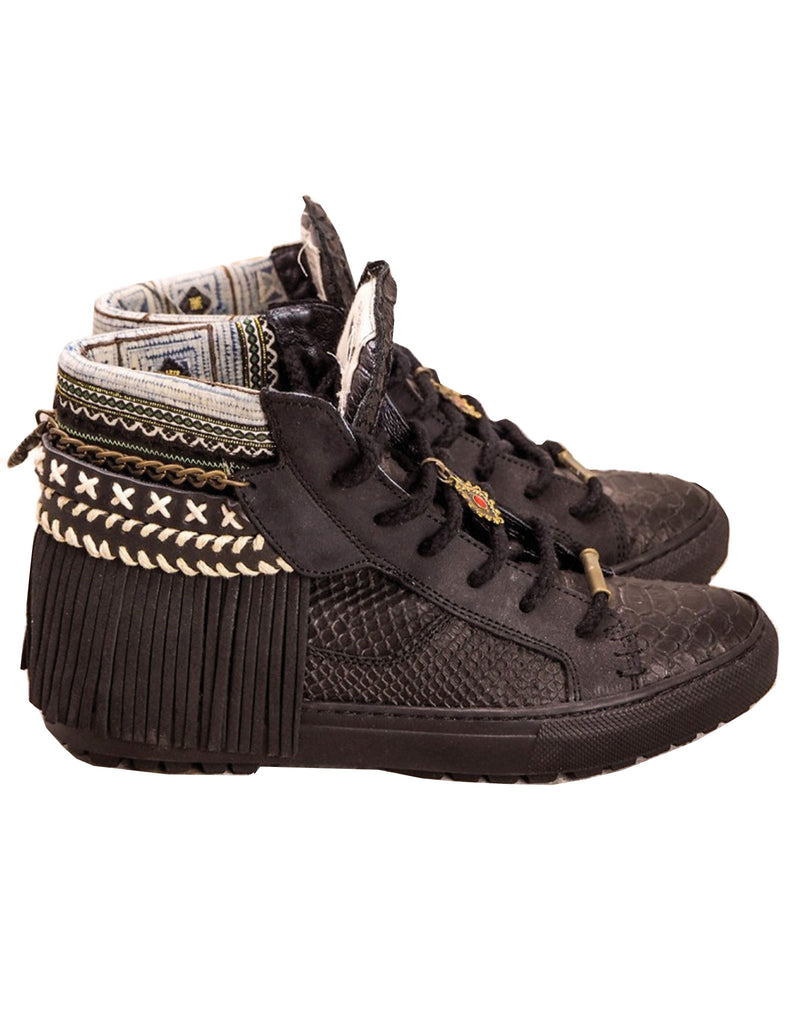 Boho Sneakers with Fringe in Black Snake - SWANK - Shoes - 1