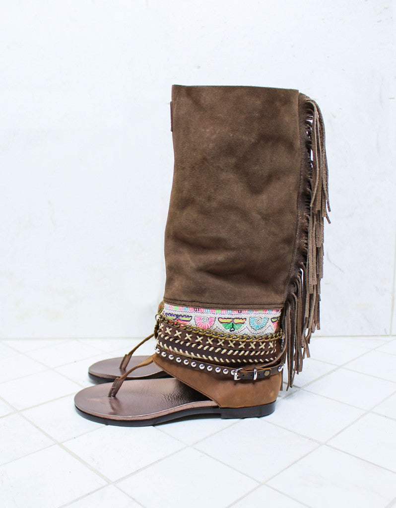 Custom Made Boho High Boot Sandals in Brown | SIZE 38 - SWANK - Shoes - 5