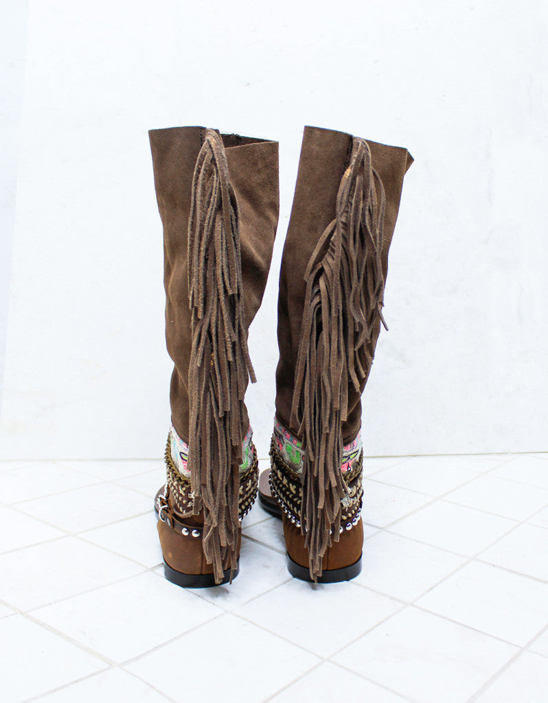 Custom Made Boho High Boot Sandals in Brown | SIZE 38 - SWANK - Shoes - 6