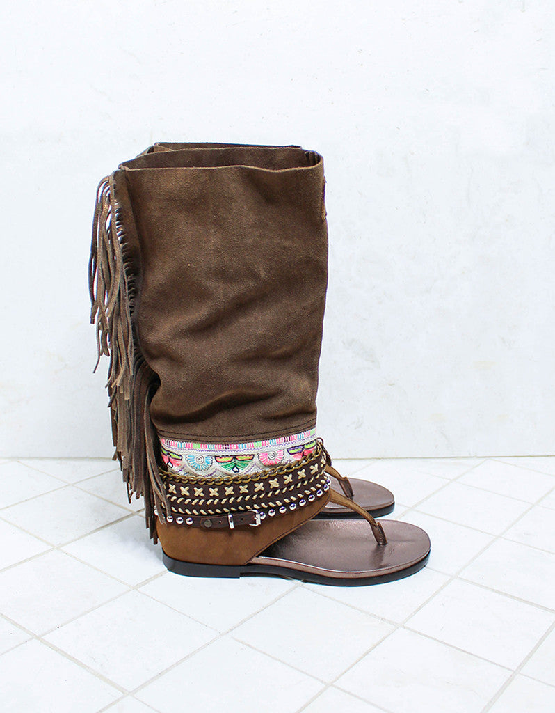 Custom Made Boho High Boot Sandals in Brown | SIZE 38 - SWANK - Shoes - 1