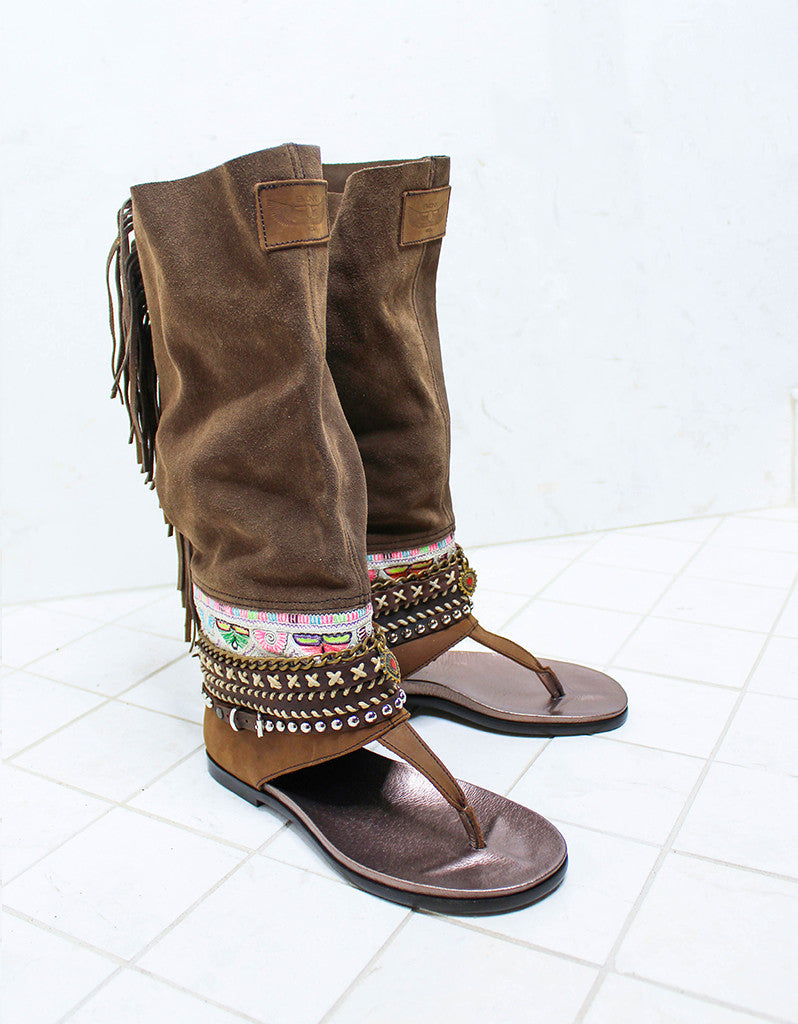 Custom Made Boho High Boot Sandals in Brown | SIZE 38 - SWANK - Shoes - 2