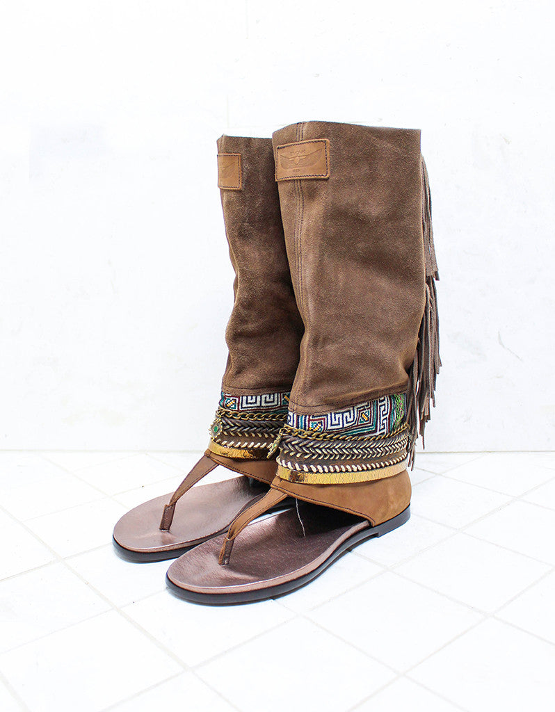 Custom Made Boho High Boot Sandals in Brown | SIZE 40 - SWANK - Shoes - 2