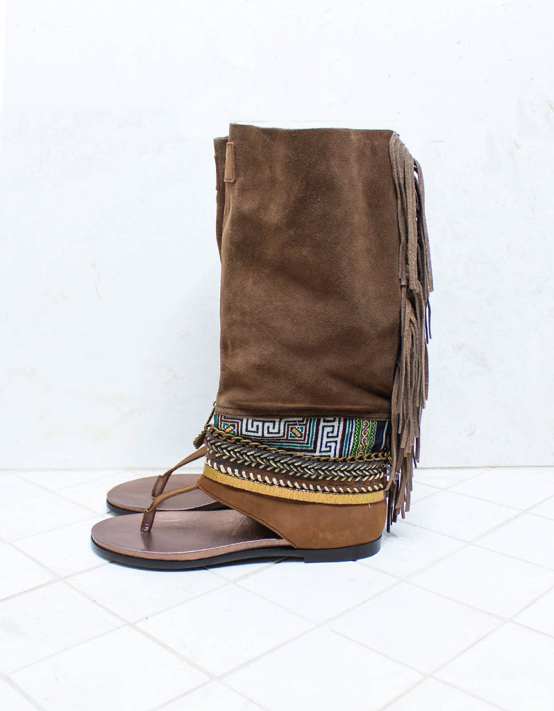 Custom Made Boho High Boot Sandals in Brown | SIZE 40 - SWANK - Shoes - 6