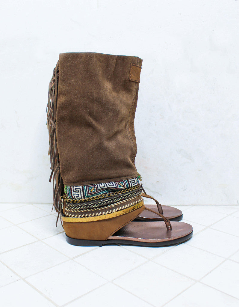 Custom Made Boho High Boot Sandals in Brown | SIZE 40 - SWANK - Shoes - 1