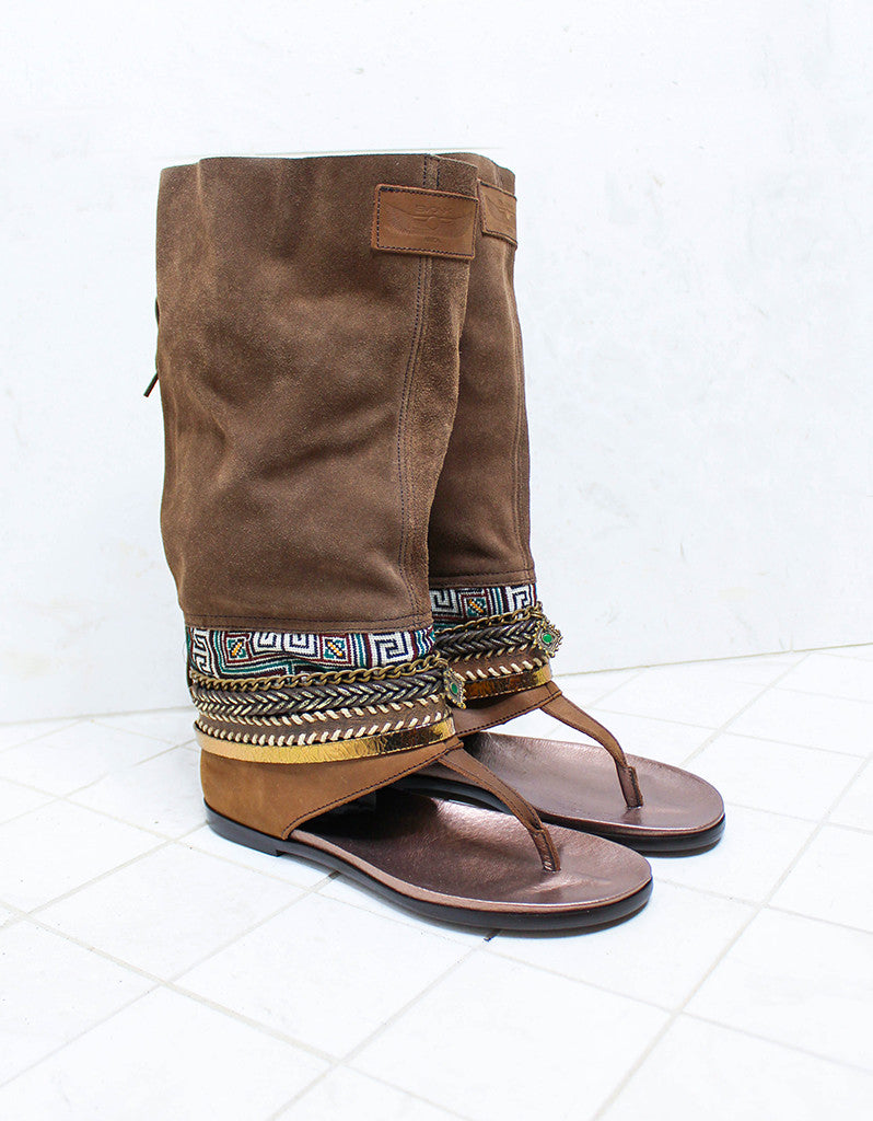 Custom Made Boho High Boot Sandals in Brown | SIZE 40 - SWANK - Shoes - 3