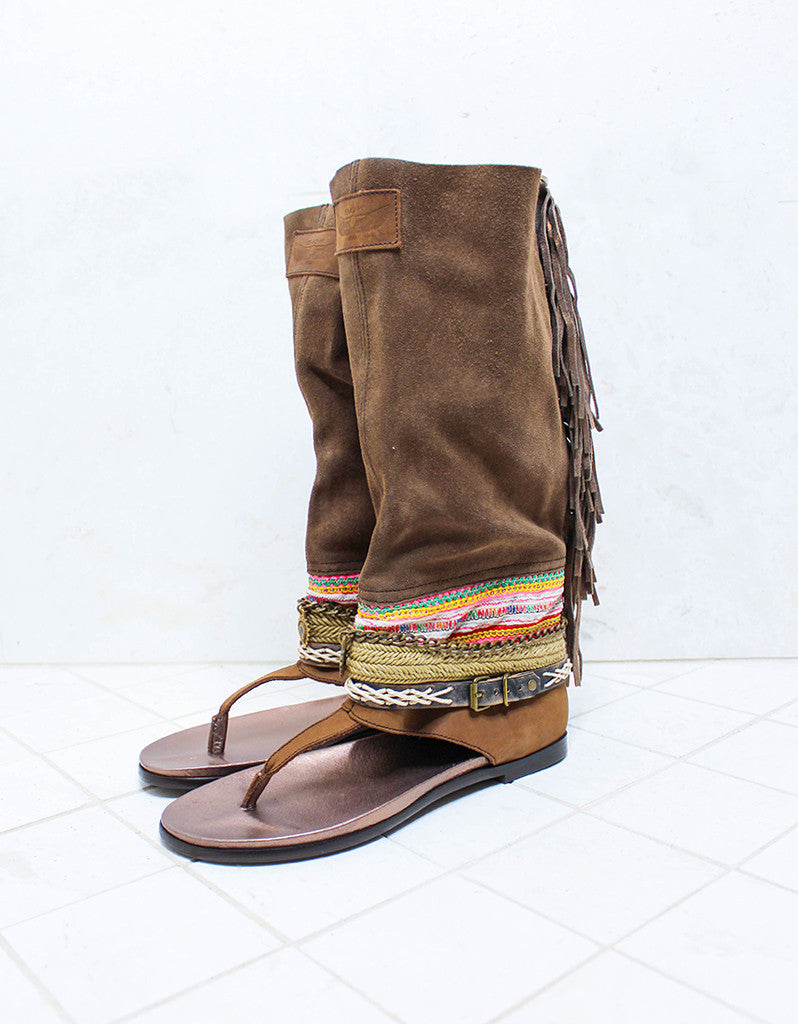 Custom Made Boho High Boot Sandals in Brown | SIZE 41 - SWANK - Shoes - 2