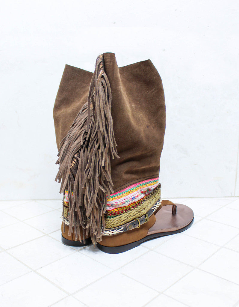 Custom Made Boho High Boot Sandals in Brown | SIZE 41 - SWANK - Shoes - 3