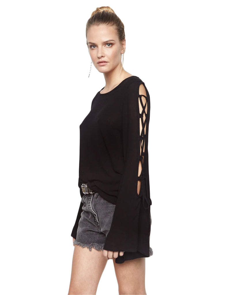 Michael Lauren Call Lace Up Sleeve Top in Black