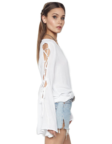 Michael Lauren Call Lace Up Sleeve Top in White