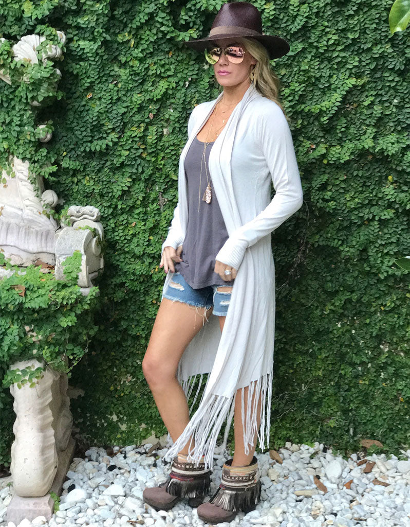 Zella Fringe Duster Cardigan in Grey