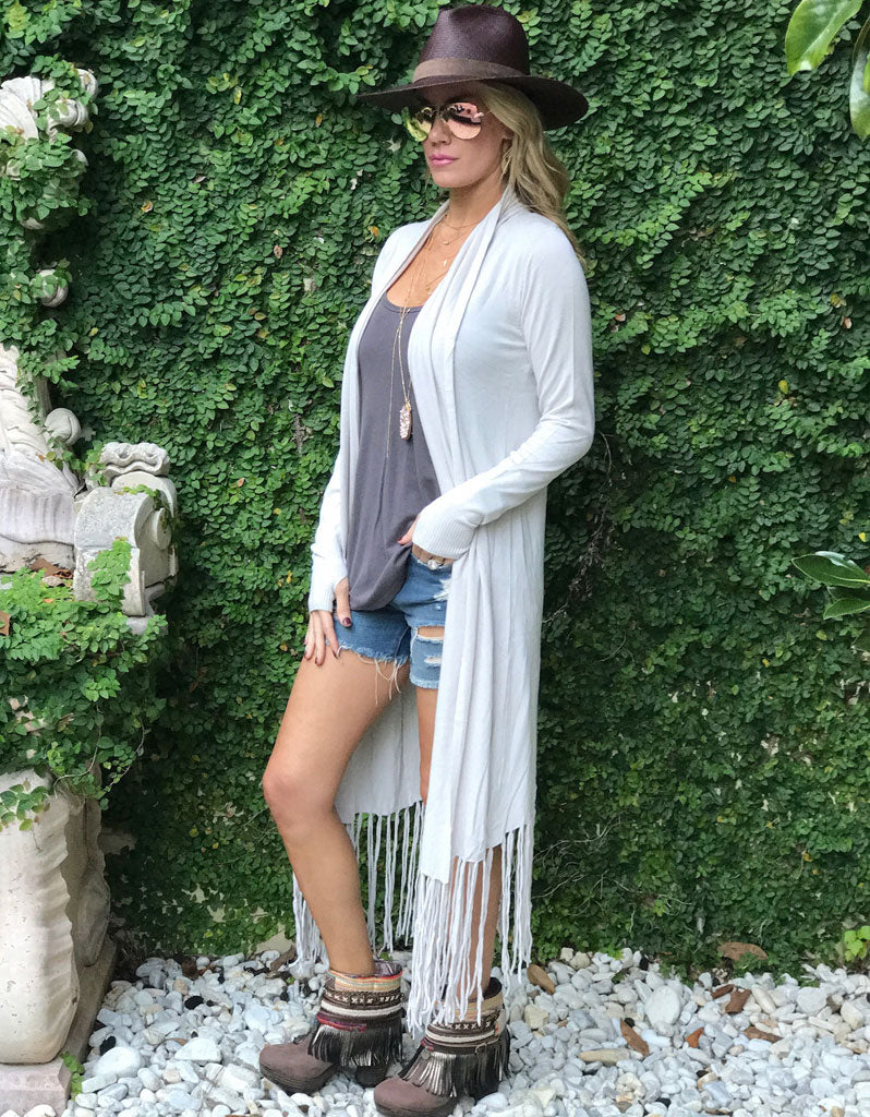 Zella Fringe Duster Cardigan in Pearl