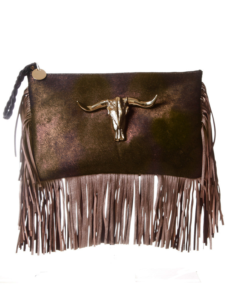 Capazonia Ceilan XL Fringe Clutch in Bronze - SWANK - Handbags - 1