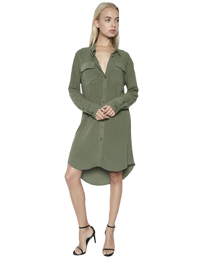 Michael Lauren Charlie L/S Button Up Shirt Dress in Military - SWANK - Dress - 1