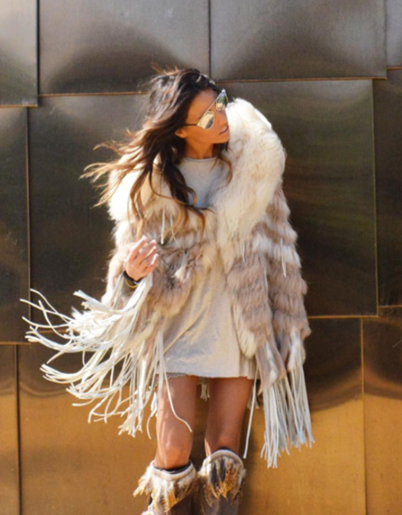 "The Emily" Cream Fringe and Fur Hooded Poncho - SWANK - Outerwear - 4
