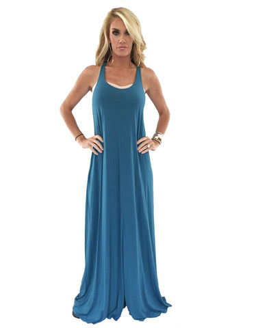 Michael Lauren Grady Circle Open Back Tank Dress in Black and Spruce Blue