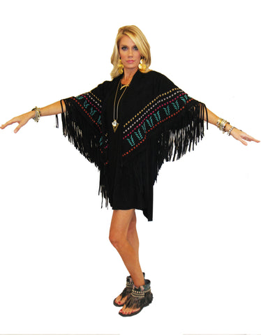 Earth Angel Jacket with Fringe in Black w/ Multicolor Stitching