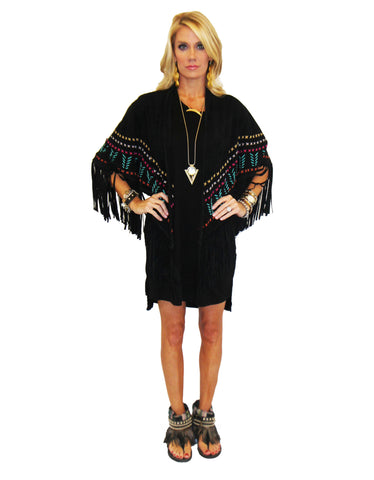 Earth Angel Jacket with Fringe in Black w/ Multicolor Stitching