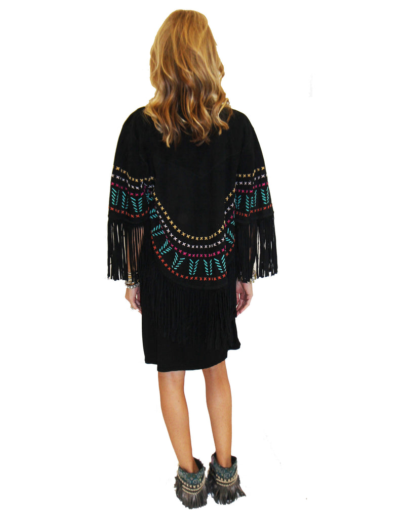 Earth Angel Jacket with Fringe in Black w/ Multicolor Stitching - SWANK - Jackets - 3