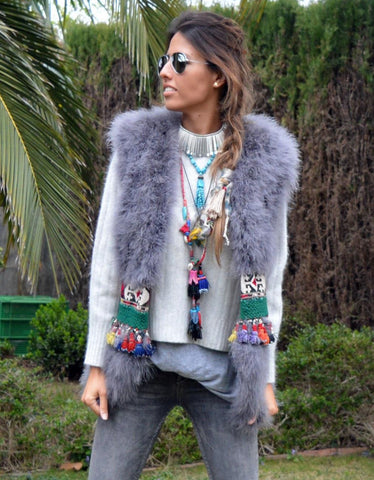 Fur Vest with Embellished Jewel Waist in Gray