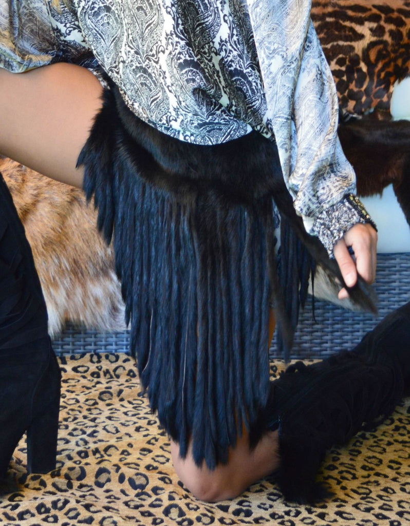 Fur Belt with Fringe in Black - SWANK - Accessories - 1