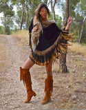 Fur Poncho with Tassels in Black - SWANK - Outerwear - 1