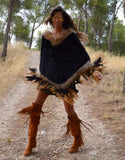 Fur Poncho with Tassels in Black - SWANK - Outerwear - 2