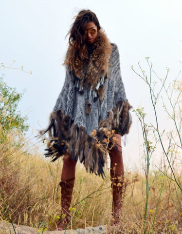 Fur Poncho with Tassels in Black