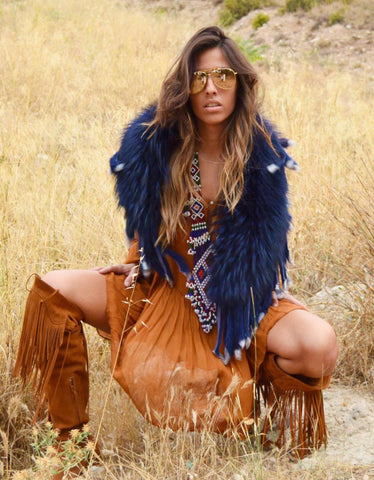 Fur Collar with Fringe in Blue