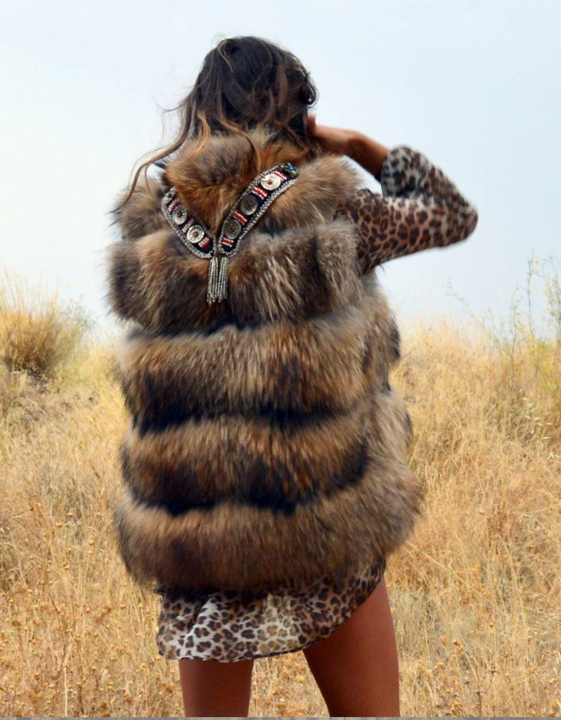 Fur Vest with Embellished Jewel Collar in Brown - SWANK - Outerwear - 2