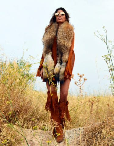 Fur Coat with Purple Ribbon in Brown