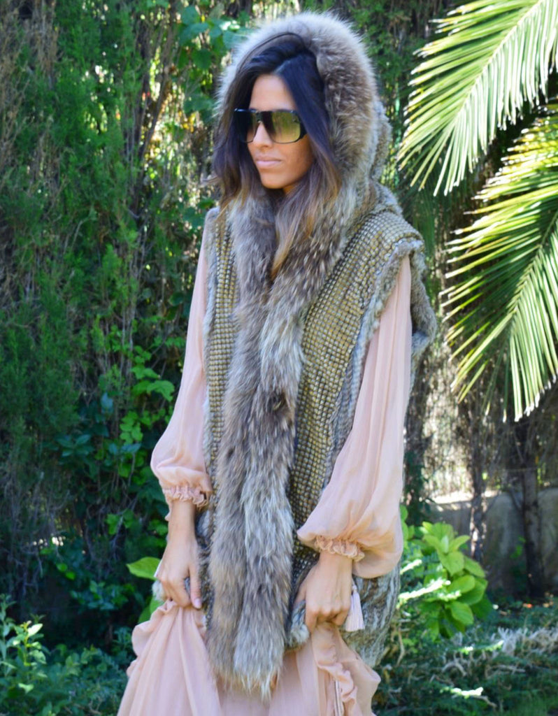 Fur Vest with Hood in Gray - SWANK - Outerwear - 1