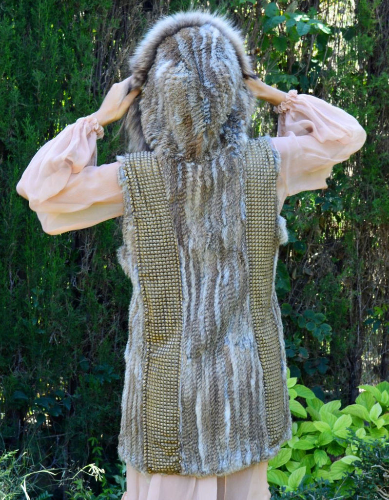 Fur Vest with Hood in Gray - SWANK - Outerwear - 2