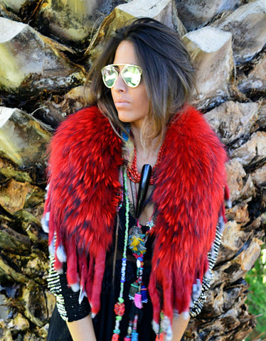 Fur Coat with Purple Ribbon in Brown