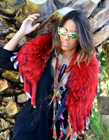 Fur Collar with Fringe in Red