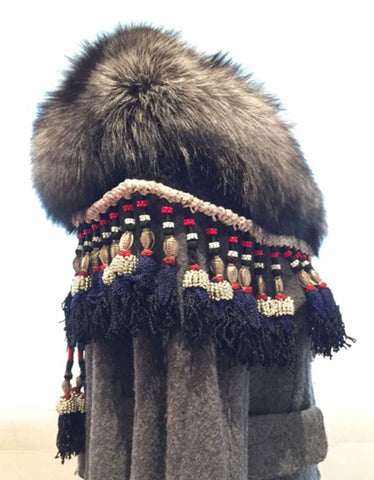 Fur Collar w/Tassels in Silver Fox