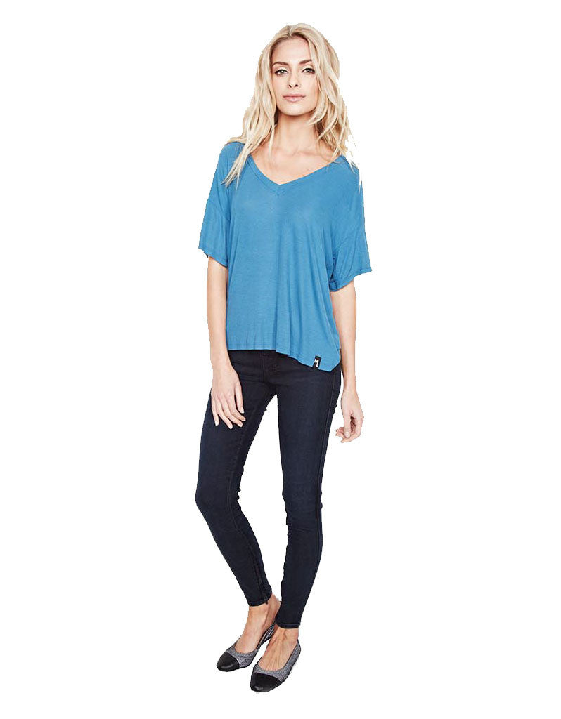 Michael Lauren Gram Drop Shoulder S/S V Neck Tee in Spruce Blue - SWANK - Tops - 2