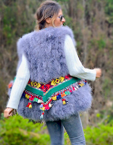 Rabbit Fur Vest w/Multicolor Fringe