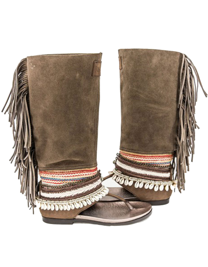 Boho High Boot Sandals - Brown - SWANK - Shoes - 5
