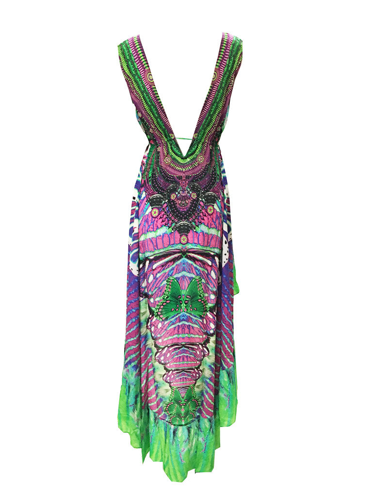 Shahida Parides V-Neck Embellished High-Low Dress in Green/Purple - SWANK - Dresses - 2