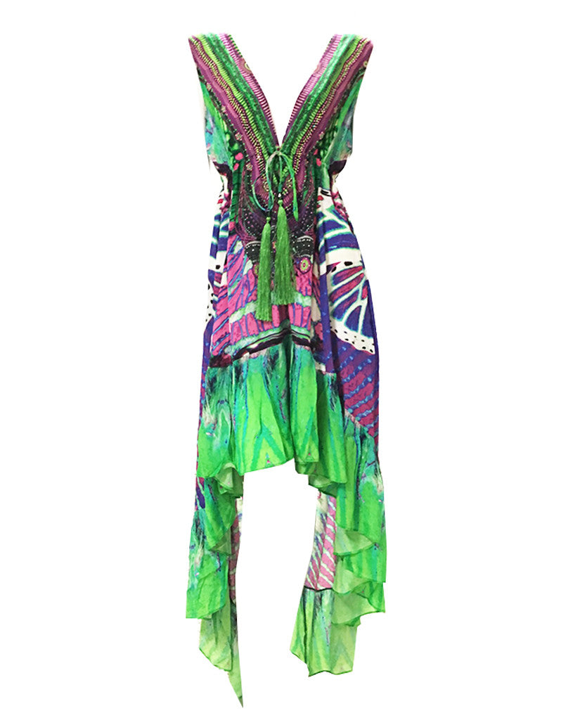 Shahida Parides V-Neck Embellished High-Low Dress in Green/Purple - SWANK - Dresses - 1