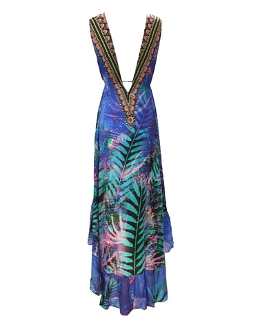 Shahida Parides Queen Palm V-Neck Embellished High-Low Dress in Blue