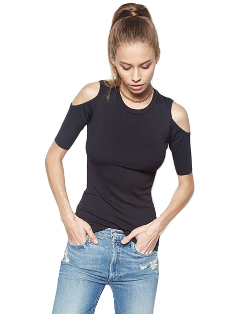 Michael Lauren Jag Open Shoulder Ribbed Top in Black