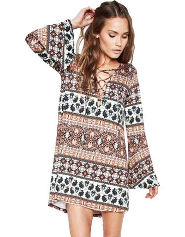 Michael Lauren Jimi Lace Up Bell Sleeve Dress in Sequoia