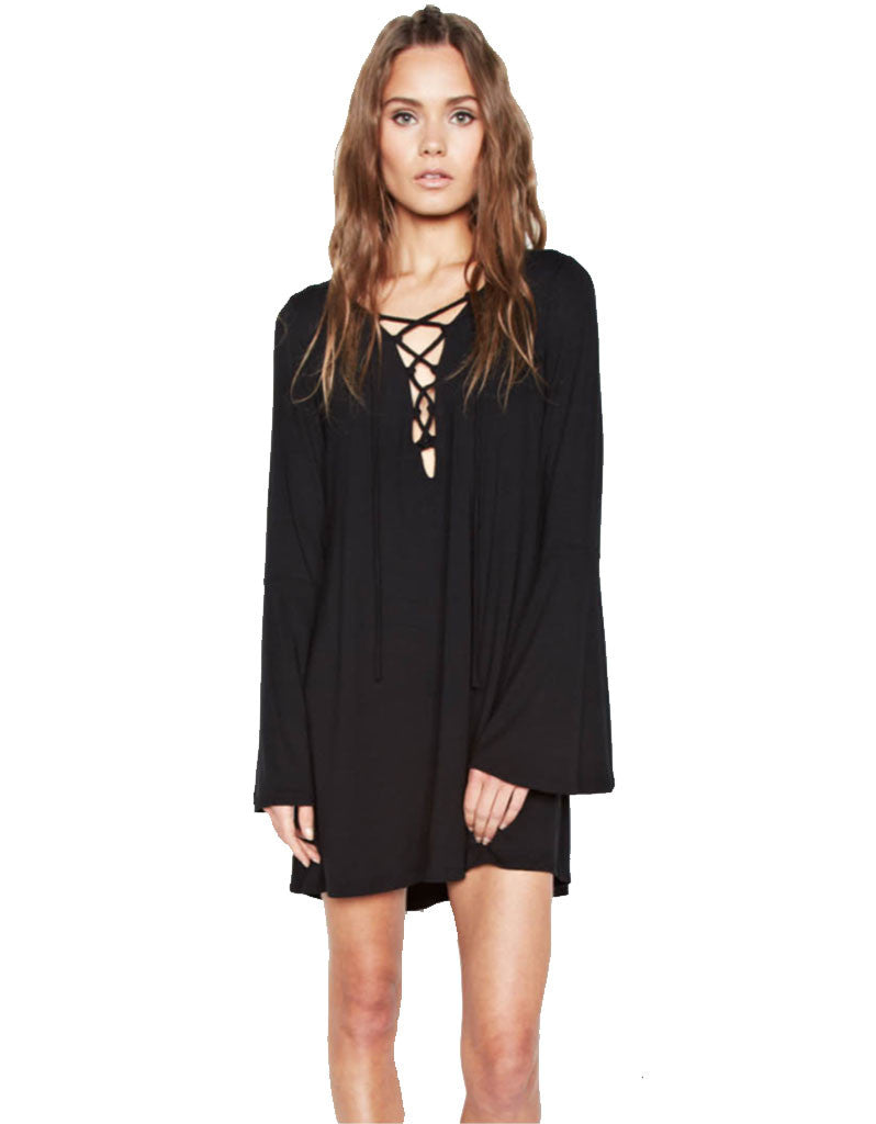 Michael Lauren Jimi Lace Up Bell Sleeve Dress in Black - SWANK - Dresses - 1